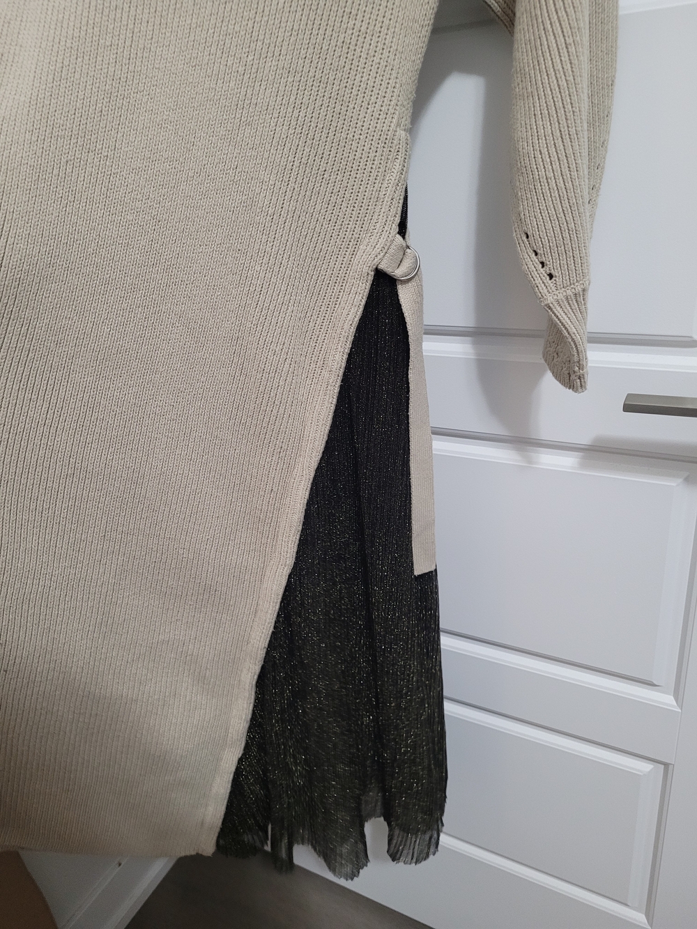 Beige Ribbed Long Sleeve Midi Dress with Black Side Panel - Picture 2 of 7